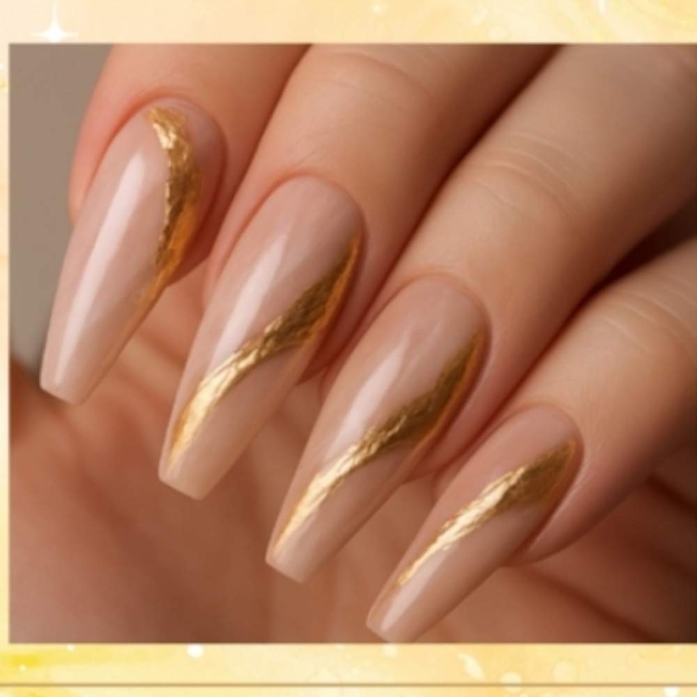 ​Luxurious Nude & Gold Marble Nails | Long Coffin Press-On Set Sz Med